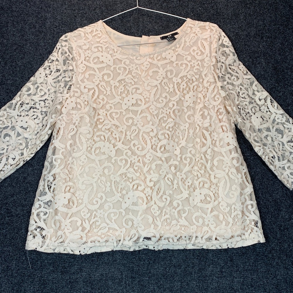 H&M Lace Blouse M Cream Floral Coquette Romantic Modest Top Church Victorian
